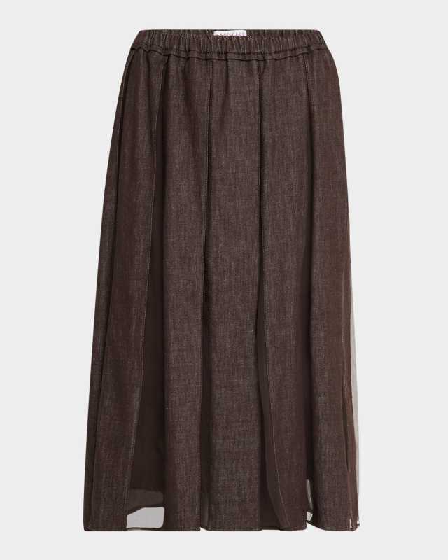 Pleated Denim Midi Skirt with Organza Panels